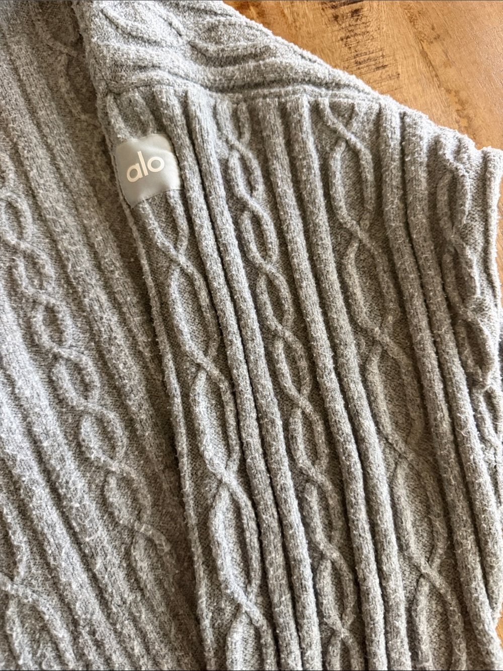 ALO Yoga Light Gray Cable-Knit Hooded Sweater - Picture 3 of 4
